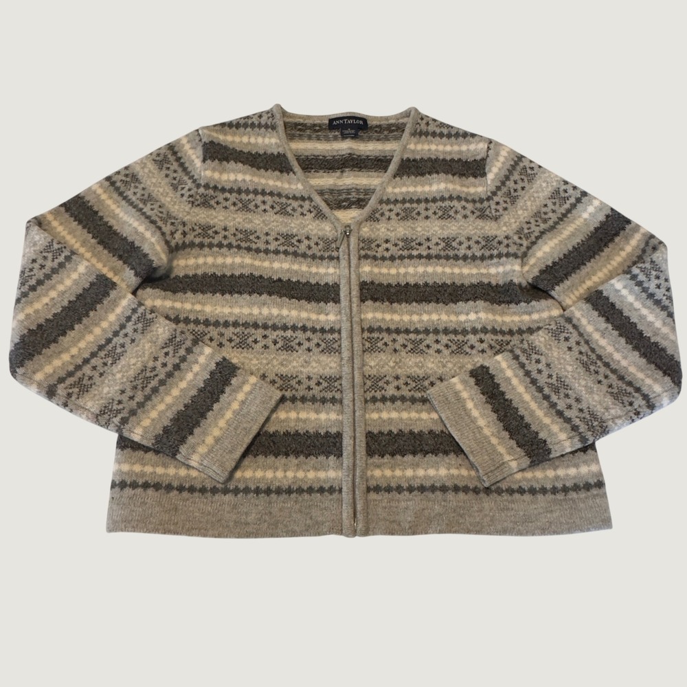 Ann Taylor Womens Grey Fair Isle 100% Wool Zip Front Cardigan‎ Sweater Small